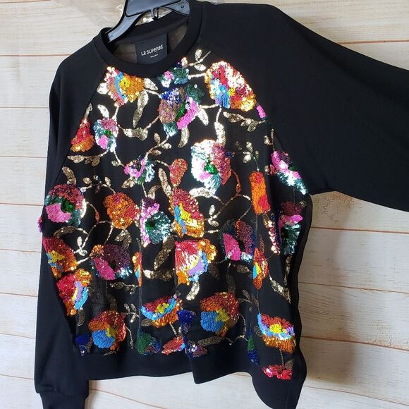 Le Superbe Glam Garden Sequined Sheer Round Neck Sweatshirt Top Women's Medium - Picture 8 of 12